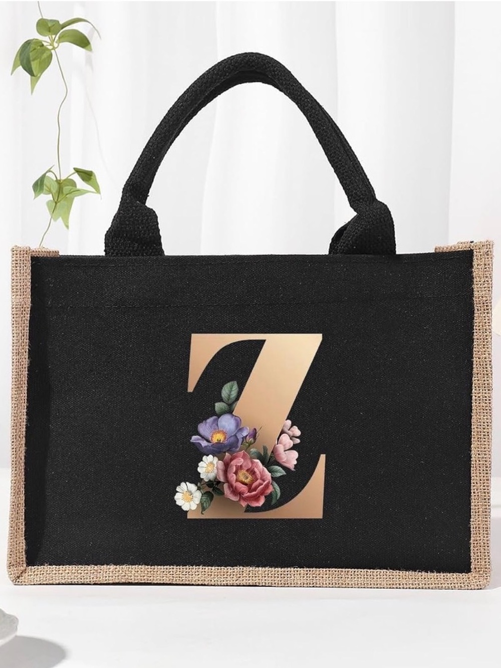 💞 New Black Z Initial Floral Canvas Tote Bag